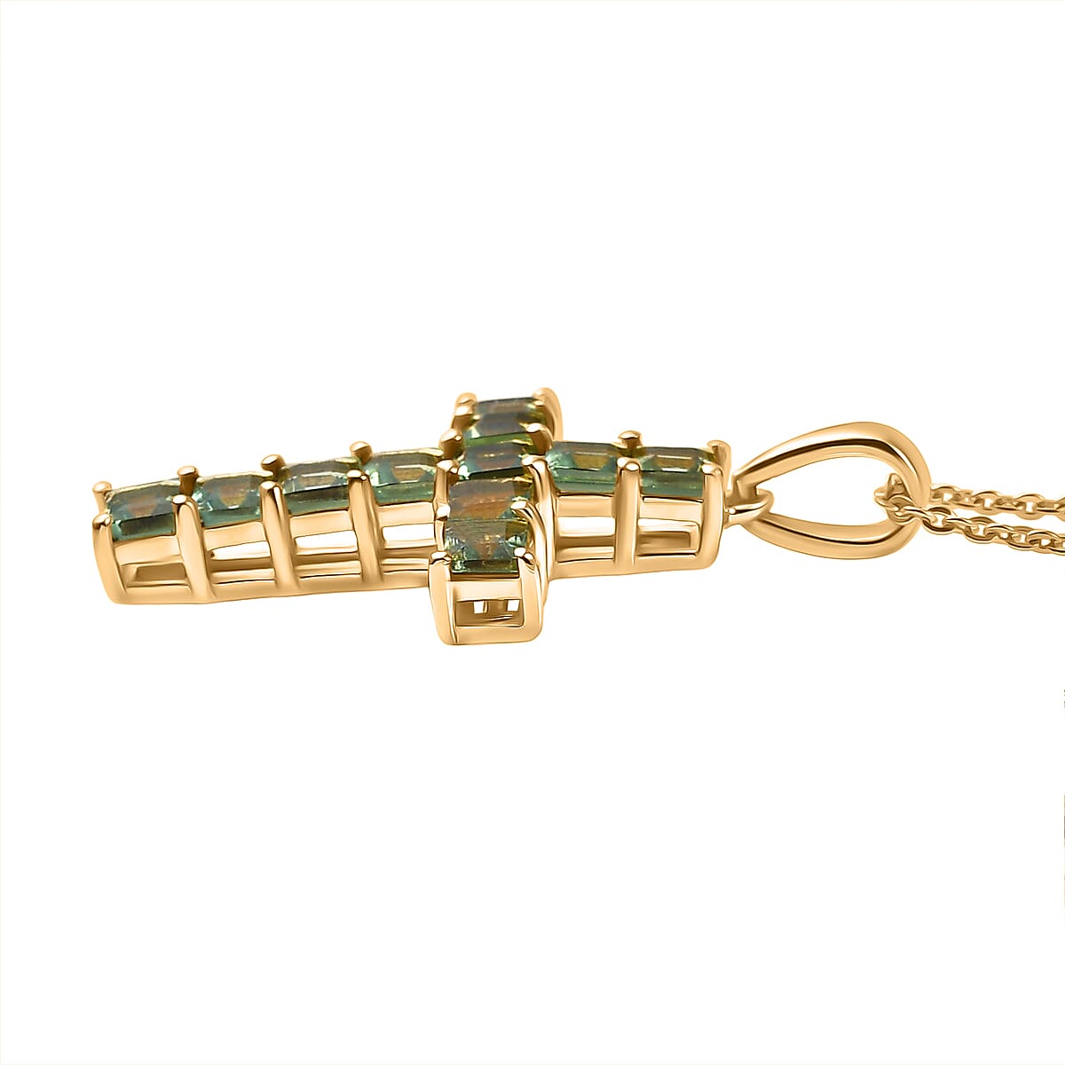 D'Joy Green Apatite Cross Pendant with Chain (Size 20) in 18K Vermeil Yellow Gold Plated Sterling Silver 1.85 Ct.