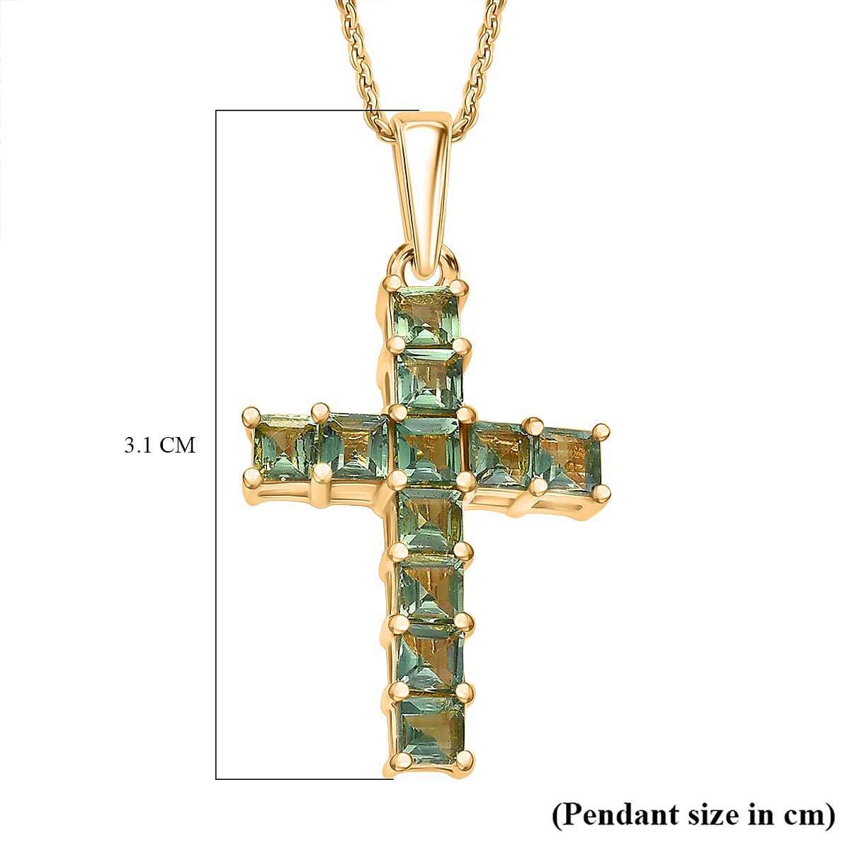 D'Joy Green Apatite Cross Pendant with Chain (Size 20) in 18K Vermeil Yellow Gold Plated Sterling Silver 1.85 Ct.