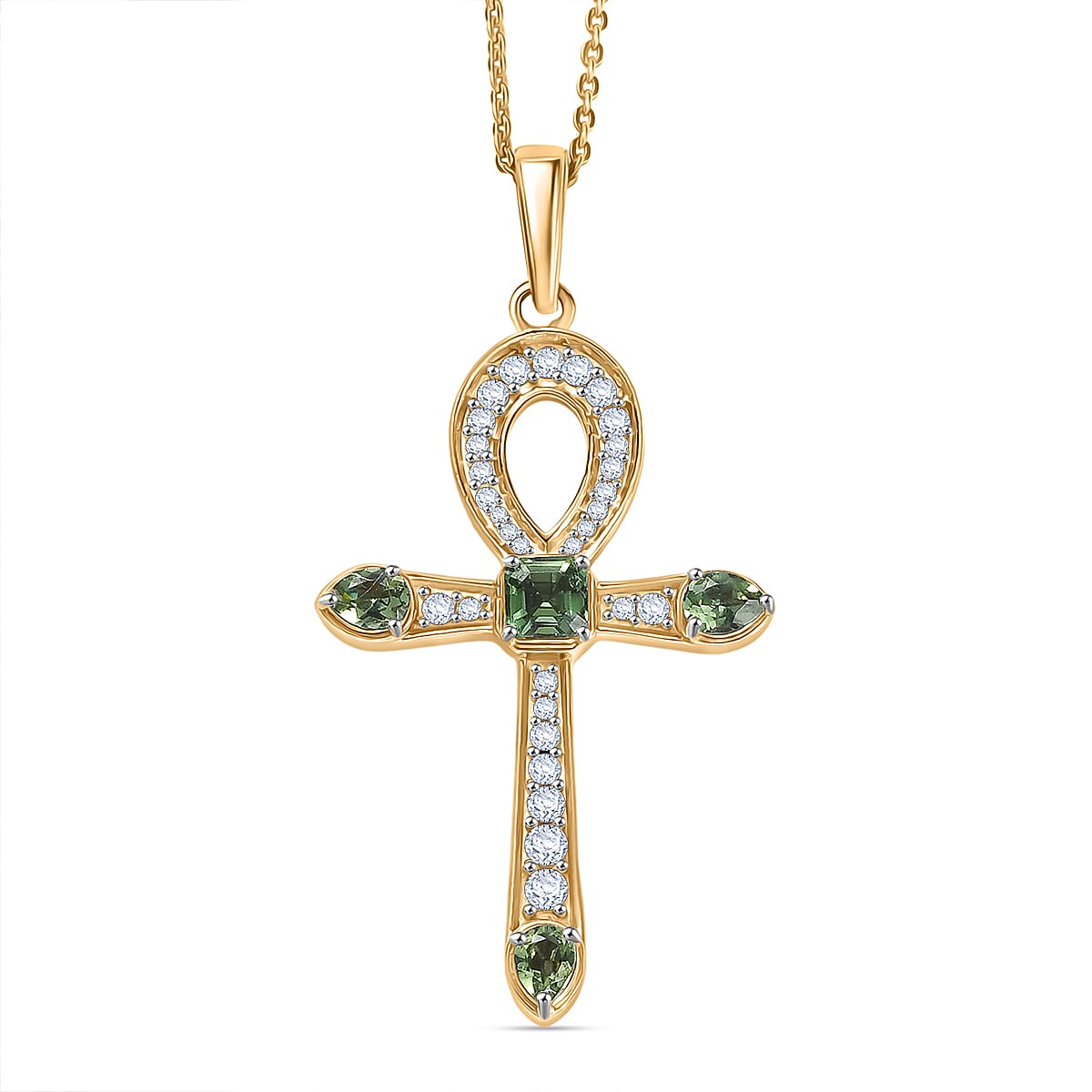 D'Joy Green Apatite & White Zircon Cross Pendant with Chain (Size 20) in 18K Vermeil Yellow Gold Plated Sterling Silver 1.39 Ct, Silver Wt. 5.57 Gms.