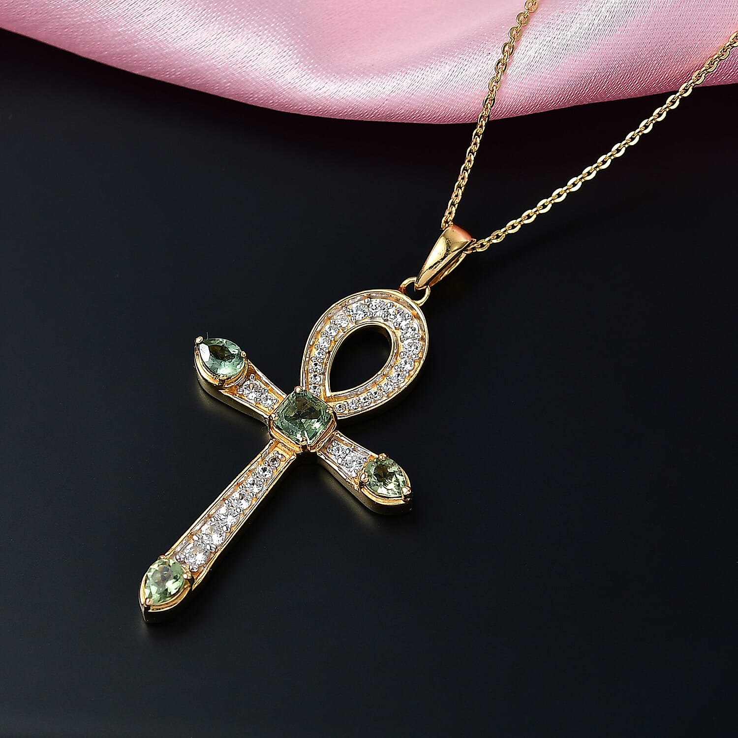 D'Joy Green Apatite & White Zircon Cross Pendant with Chain (Size 20) in 18K Vermeil Yellow Gold Plated Sterling Silver 1.39 Ct, Silver Wt. 5.57 Gms.