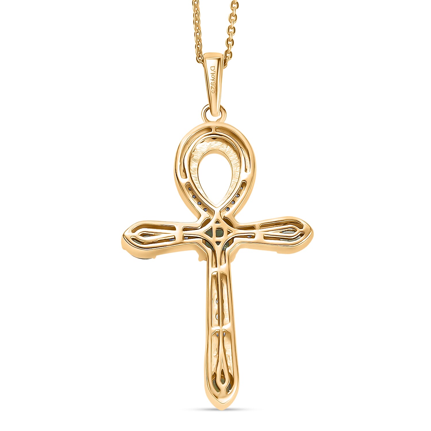 D'Joy Green Apatite & White Zircon Cross Pendant with Chain (Size 20) in 18K Vermeil Yellow Gold Plated Sterling Silver 1.39 Ct, Silver Wt. 5.57 Gms.
