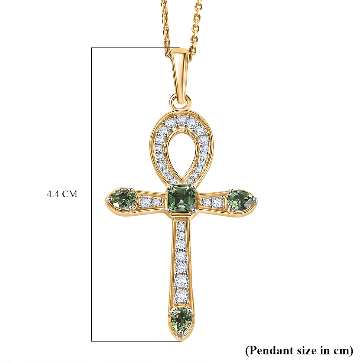 D'Joy Green Apatite & White Zircon Cross Pendant with Chain (Size 20) in 18K Vermeil Yellow Gold Plated Sterling Silver 1.39 Ct, Silver Wt. 5.57 Gms.