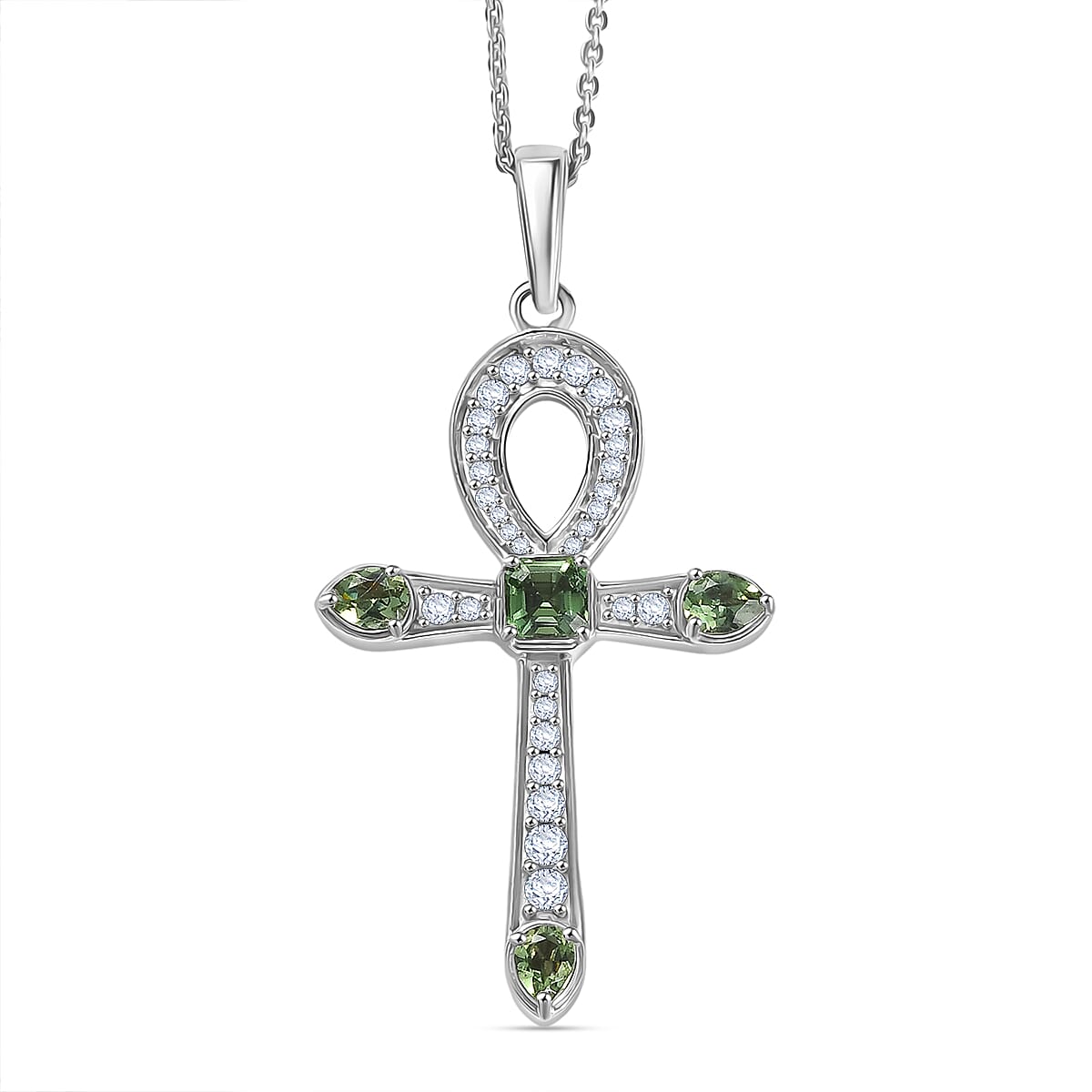 Green Apatite,  White Zircon Pendant with Chain (Size 20) in Rhodium Overlay Sterling Silver 0.81 ct  Silver Wt. 5.3 Gms  1.160  Ct.