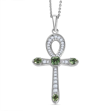 Green Apatite,  White Zircon Pendant with Chain (Size 20) in Rhodium Overlay Sterling Silver 0.81 ct  Silver Wt. 5.3 Gms  1.160  Ct.
