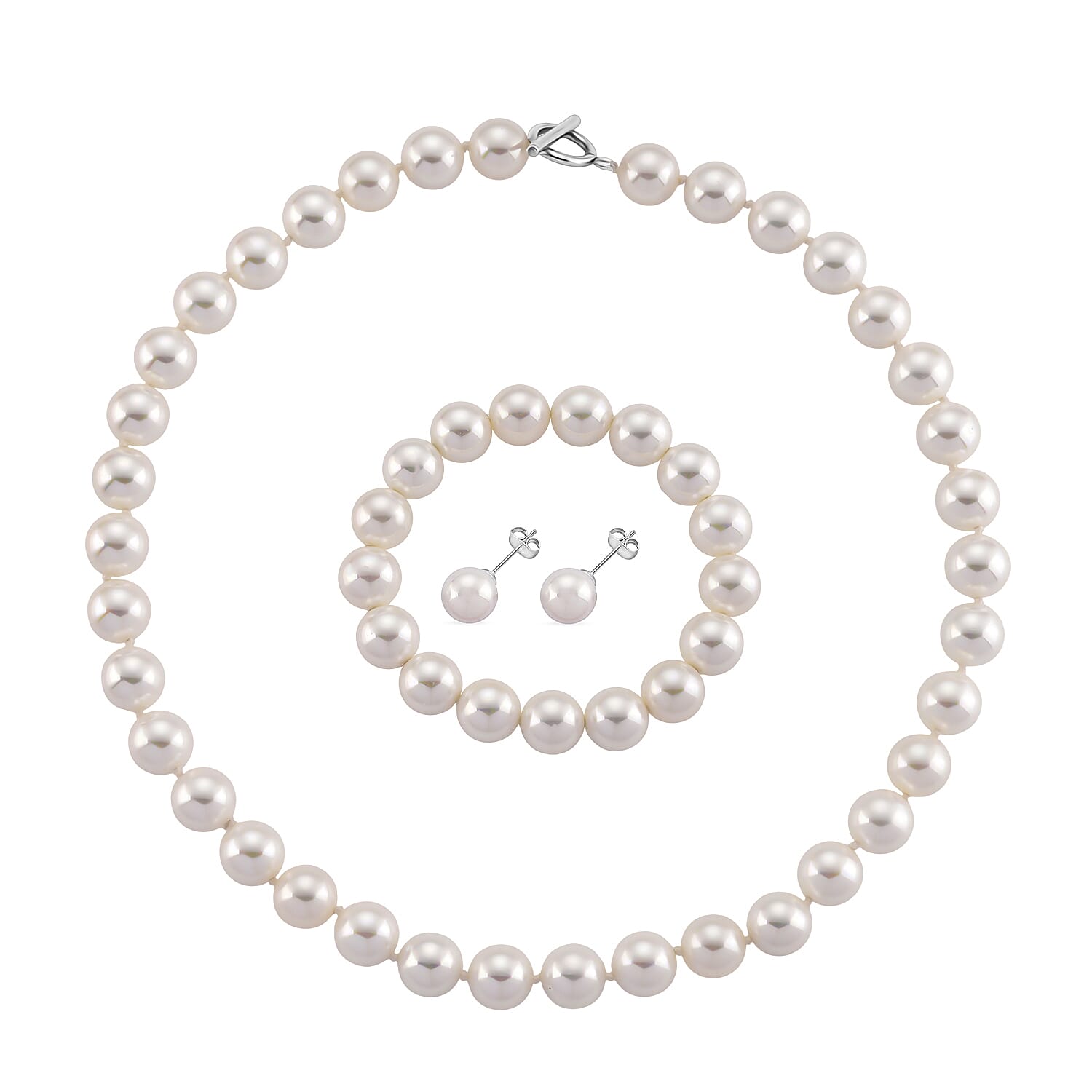 Set of 3 - White Shell Pearl Beads Adjustable Bracelet (Size - 7), T-Bar Clasp Necklace (Size - 20) & Push Back Earring