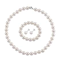 Set of 3 - White Shell Pearl Beads Adjustable Bracelet (Size - 7), T-Bar Clasp Necklace (Size - 20) & Push Back Earring