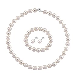 Set of 3 - White Shell Pearl Beads Adjustable Bracelet (Size - 7), T-Bar Clasp Necklace (Size - 20) & Push Back Earring