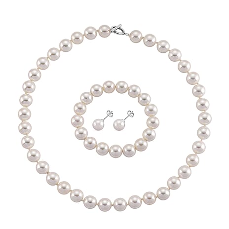 Set of 3 - White Shell Pearl Beads Adjustable Bracelet (Size - 7), T-Bar Clasp Necklace (Size - 20) & Push Back Earring