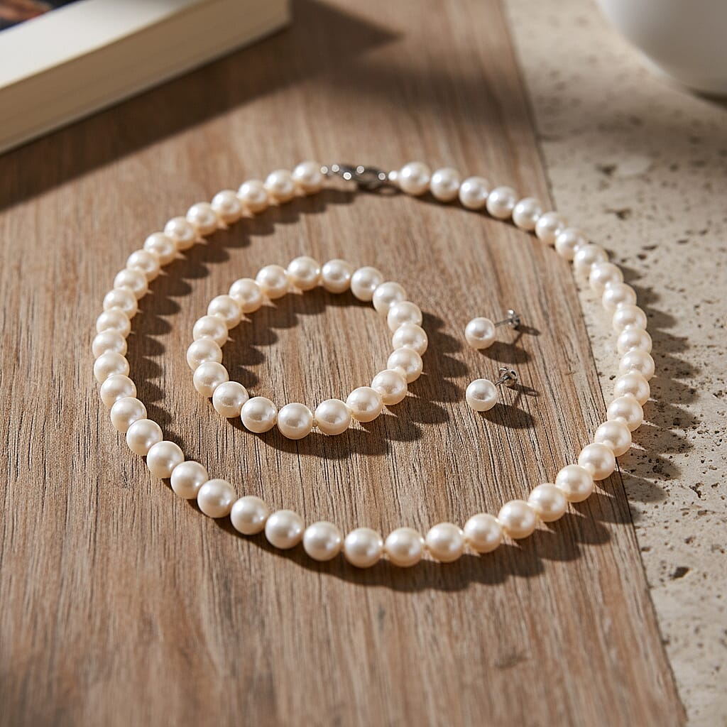 Set of 3 - White Shell Pearl Beads Adjustable Bracelet (Size - 7), T-Bar Clasp Necklace (Size - 20) & Push Back Earring