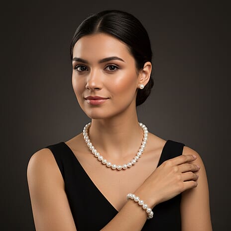Set of 3 - White Shell Pearl Beads Adjustable Bracelet (Size - 7), T-Bar Clasp Necklace (Size - 20) & Push Back Earring
