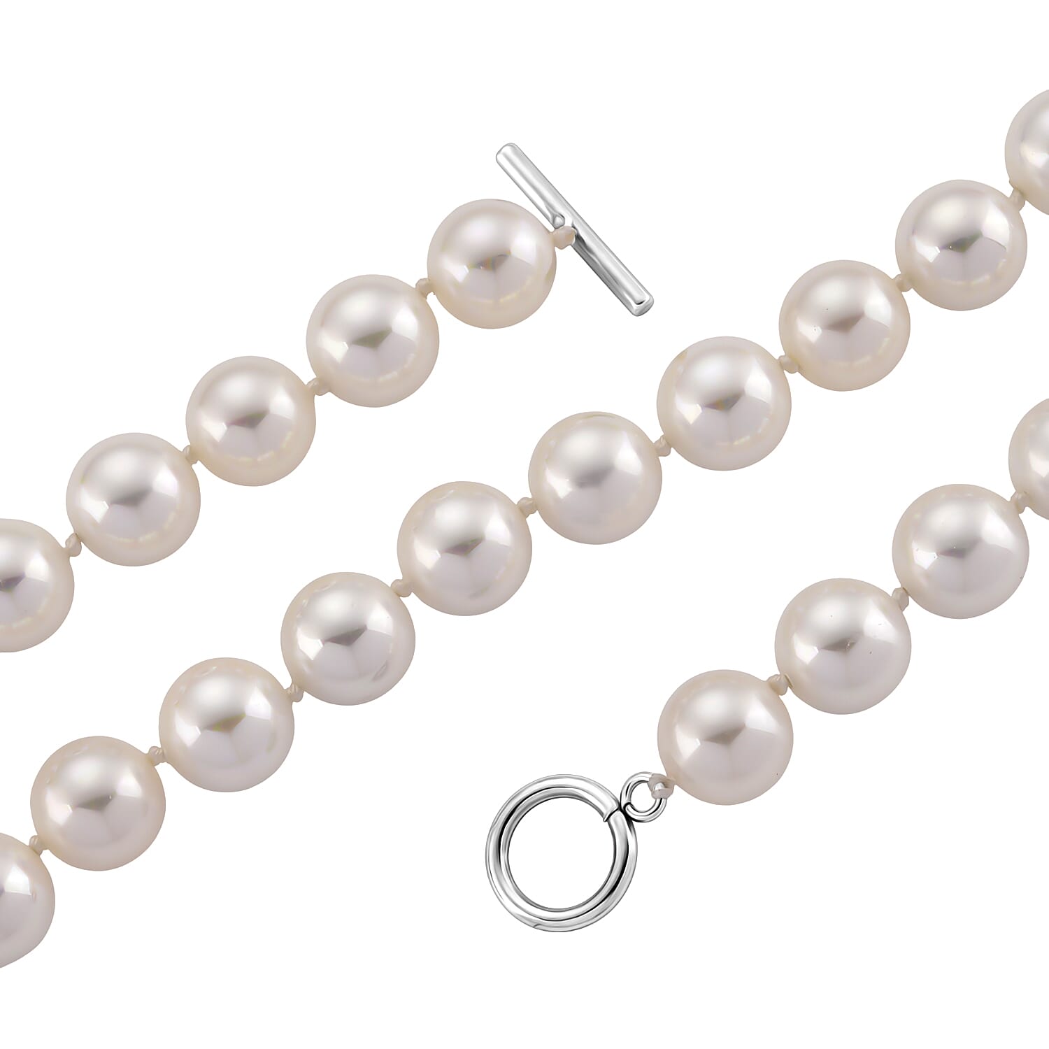 Set of 3 - White Shell Pearl Beads Adjustable Bracelet (Size - 7), T-Bar Clasp Necklace (Size - 20) & Push Back Earring