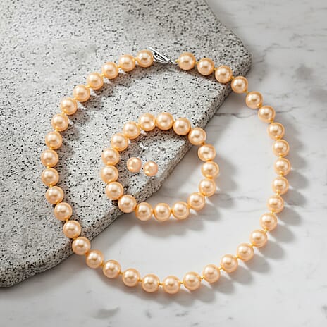 Set of 3 - Golden Shell Pearl Beads Stretchable Bracelet (Size - 7), Push Back Earring & T-Bar Clasp Necklace (Size - 20)
