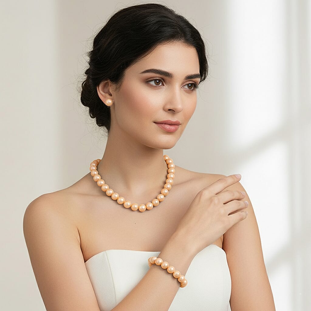 Set of 3 - Golden Shell Pearl Beads Stretchable Bracelet (Size - 7), Push Back Earring & T-Bar Clasp Necklace (Size - 20)