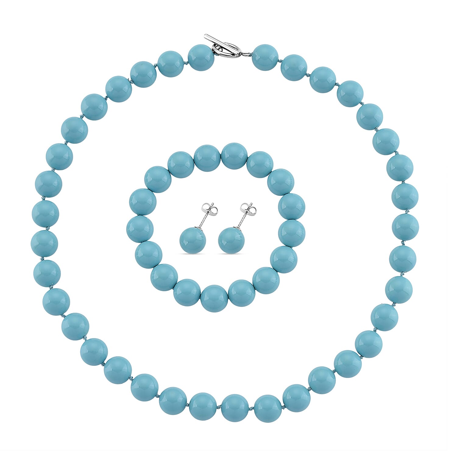 Set of 3 - Sleeping Beauty Color Shell Pearl Beads Stretchable Bracelet (Size - 7), Push Back Earring & T-Bar Clasp Necklace (Size - 20)