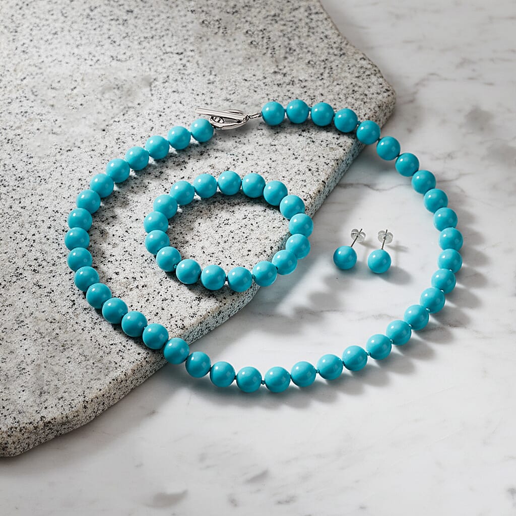 Set of 3 - Sleeping Beauty Color Shell Pearl Beads Stretchable Bracelet (Size - 7), Push Back Earring & T-Bar Clasp Necklace (Size - 20)