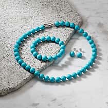 Set of 3 - Sleeping Beauty Color Shell Pearl Beads Stretchable Bracelet (Size - 7), Push Back Earring & T-Bar Clasp Necklace (Size - 20)