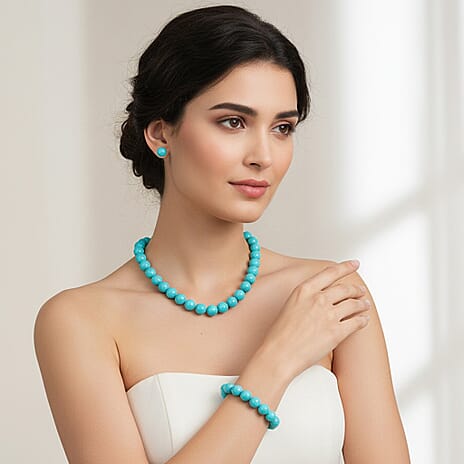 Set of 3 - Sleeping Beauty Color Shell Pearl Beads Stretchable Bracelet (Size - 7), Push Back Earring & T-Bar Clasp Necklace (Size - 20)