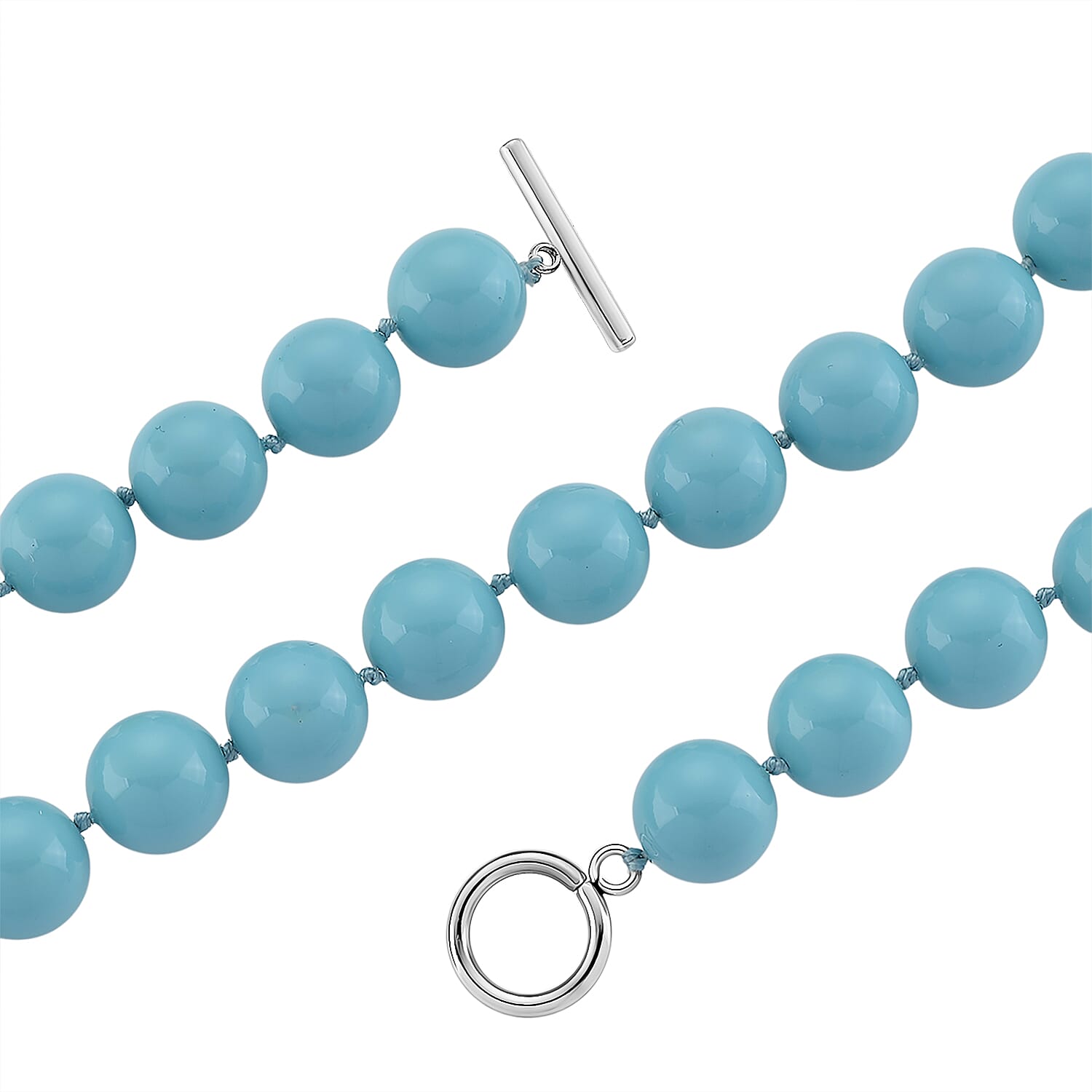 Set of 3 - Sleeping Beauty Color Shell Pearl Beads Stretchable Bracelet (Size - 7), Push Back Earring & T-Bar Clasp Necklace (Size - 20)