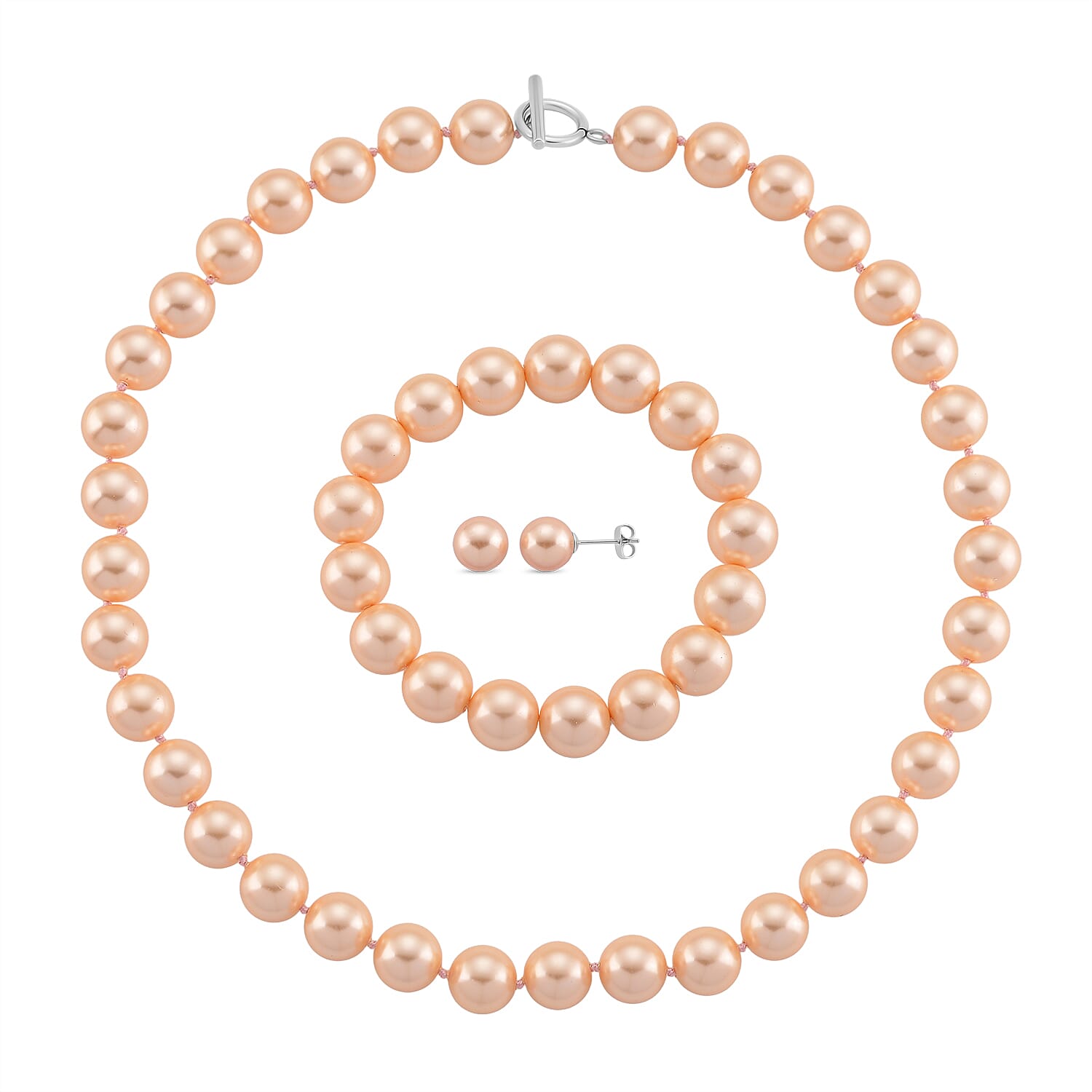 Set of 3 - Peach Shell Pearl Stretchable Bracelet (Size - 7), T-Bar Clasp Necklace (Size - 20) & Push Back Earring