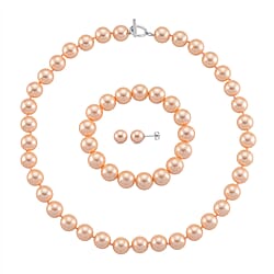 Set of 3 - White Shell Pearl Beads Adjustable Bracelet (Size - 7), T-Bar Clasp Necklace (Size - 20) & Push Back Earring