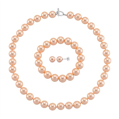 Set of 3 - Peach Shell Pearl Stretchable Bracelet (Size - 7), T-Bar Clasp Necklace (Size - 20) & Push Back Earring