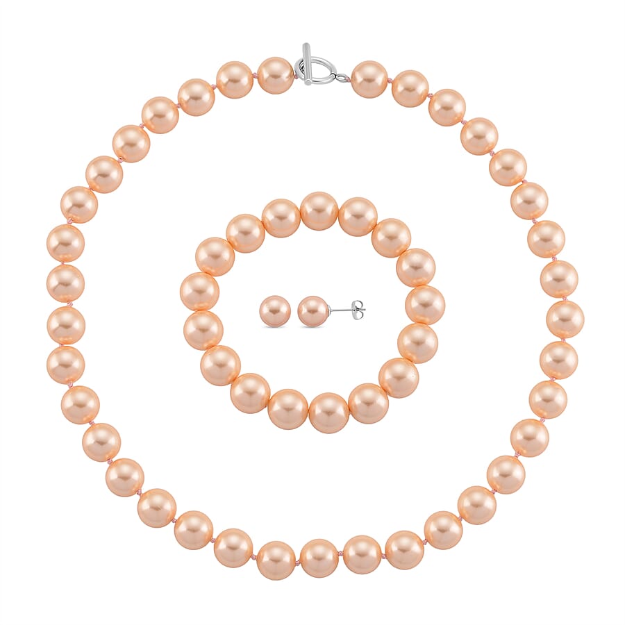 Set of 3 - Peach Shell Pearl Stretchable Bracelet (Size - 7) T-Bar Clasp Necklace (Size - 20) & Push Back Earring
