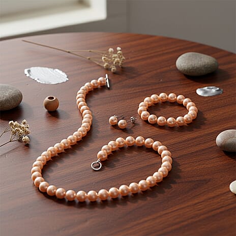Set of 3 - Peach Shell Pearl Stretchable Bracelet (Size - 7), T-Bar Clasp Necklace (Size - 20) & Push Back Earring