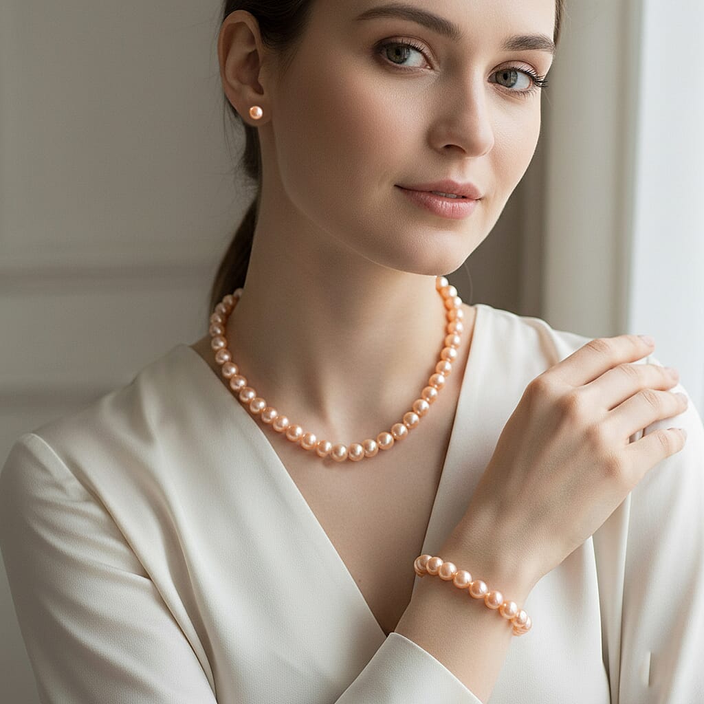 Set of 3 - Peach Shell Pearl Stretchable Bracelet (Size - 7), T-Bar Clasp Necklace (Size - 20) & Push Back Earring