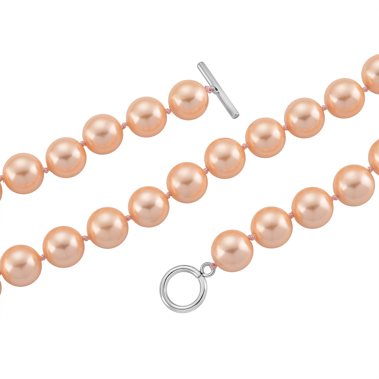 Set of 3 - Peach Shell Pearl Stretchable Bracelet (Size - 7), T-Bar Clasp Necklace (Size - 20) & Push Back Earring