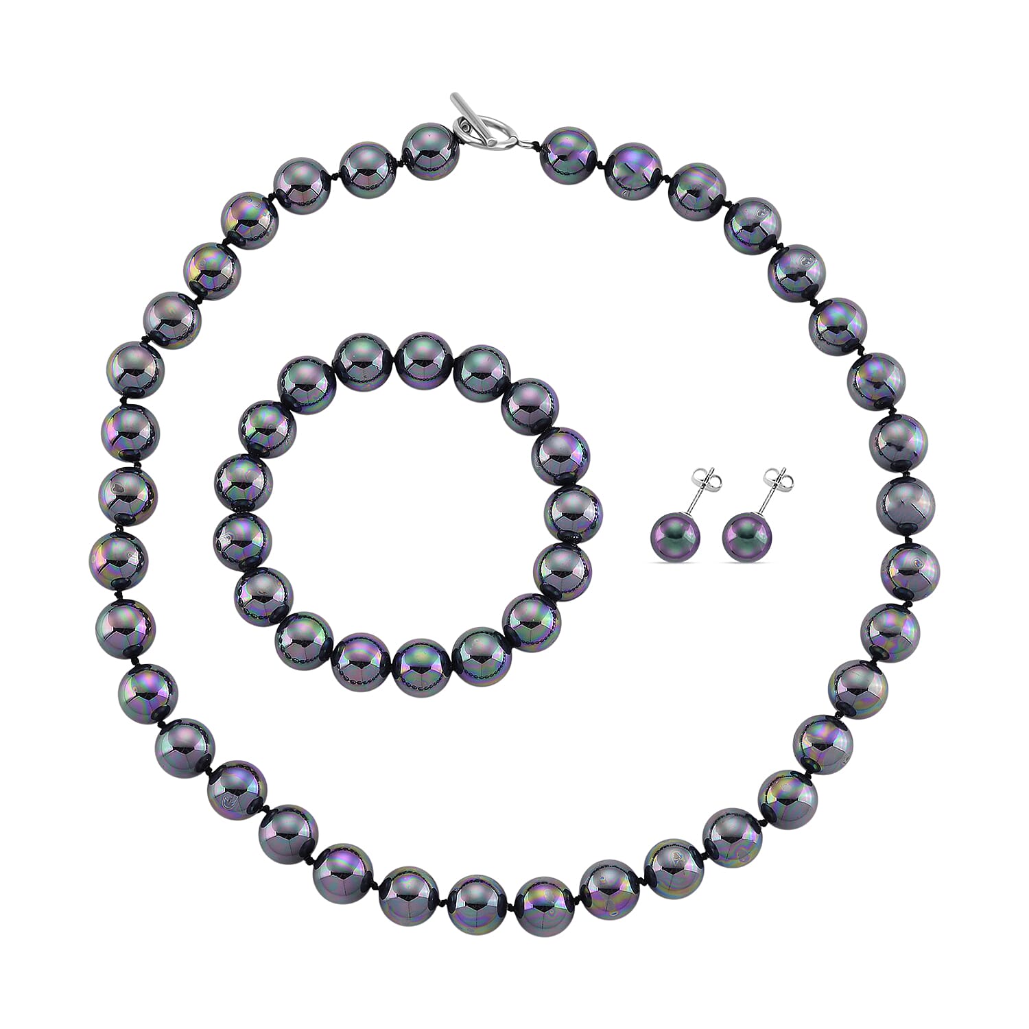 Set of 3 - Peacock Color Shell Pearl Stretchable Bracelet (Size - 7), Push Back Earring & T-Bar Clasp Necklace (Size - 20)