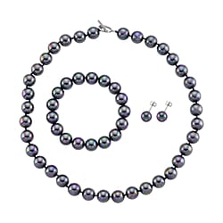 Set of 3 - White Shell Pearl Beads Adjustable Bracelet (Size - 7), T-Bar Clasp Necklace (Size - 20) & Push Back Earring