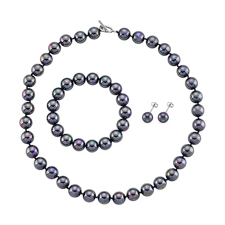 Set of 3 - Peacock Color Shell Pearl Stretchable Bracelet (Size - 7), Push Back Earring & T-Bar Clasp Necklace (Size - 20)