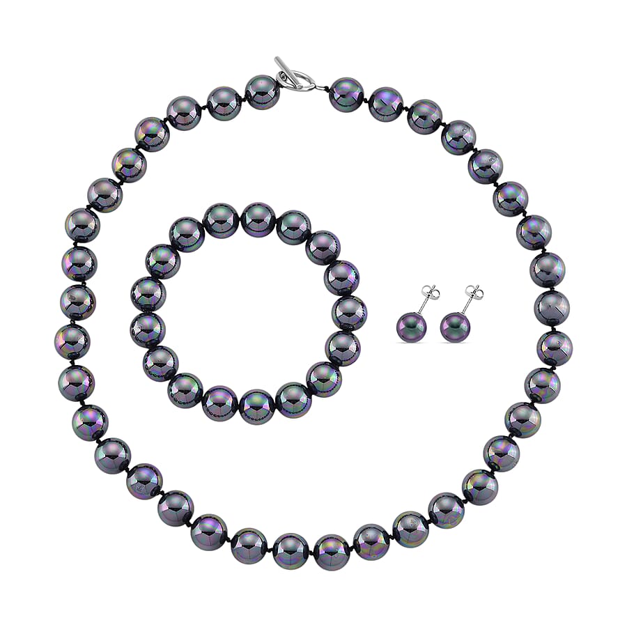 Set of 3 - Peacock Color Shell Pearl Stretchable Bracelet (Size - 7) Push Back Earring & T-Bar Clasp Necklace (Size - 20)