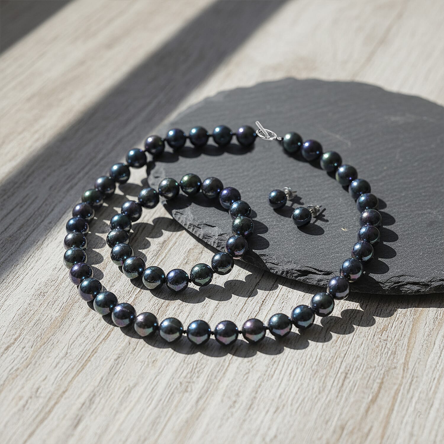 Set of 3 - Peacock Color Shell Pearl Stretchable Bracelet (Size - 7), Push Back Earring & T-Bar Clasp Necklace (Size - 20)