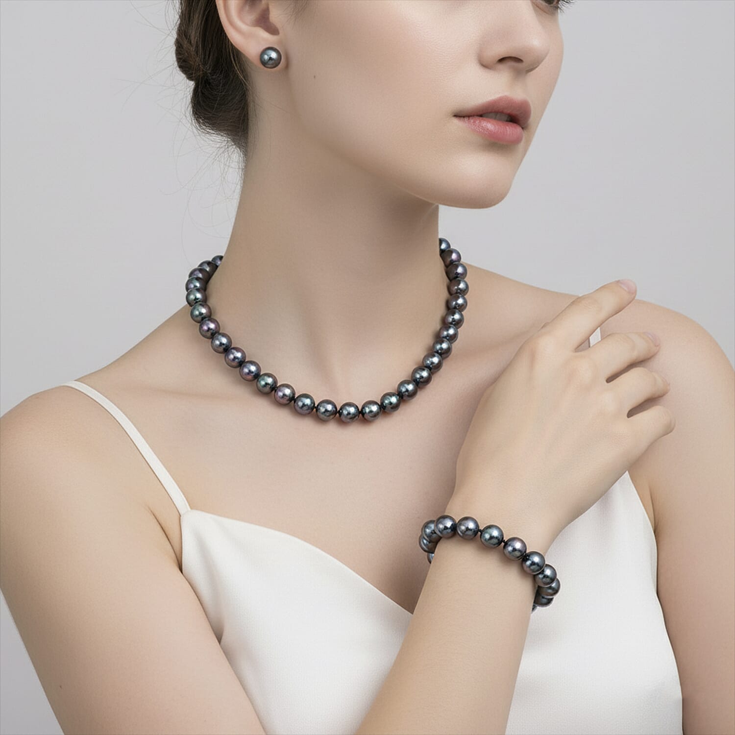 Set of 3 - Peacock Color Shell Pearl Stretchable Bracelet (Size - 7), Push Back Earring & T-Bar Clasp Necklace (Size - 20)