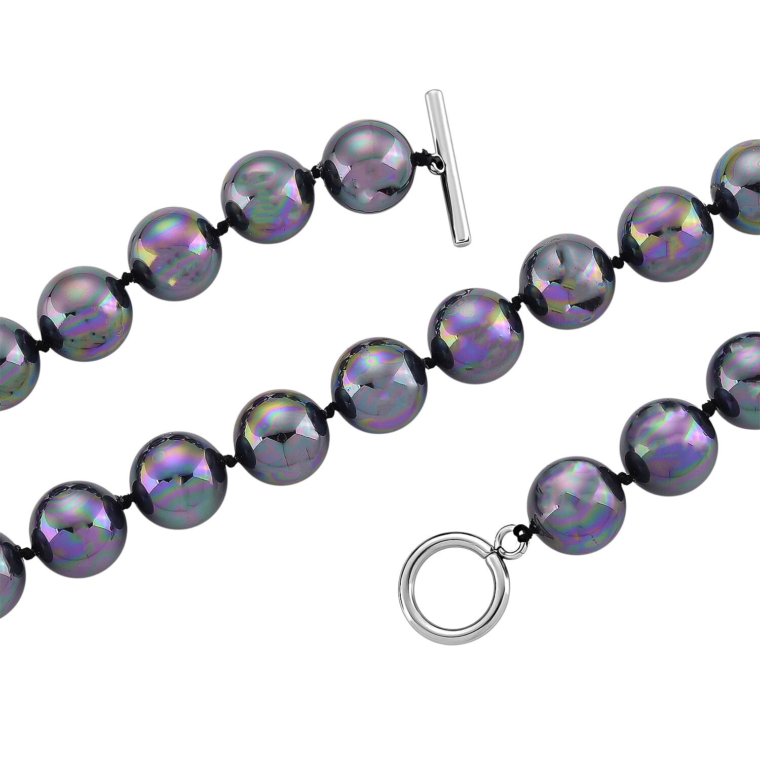 Set of 3 - Peacock Color Shell Pearl Stretchable Bracelet (Size - 7), Push Back Earring & T-Bar Clasp Necklace (Size - 20)