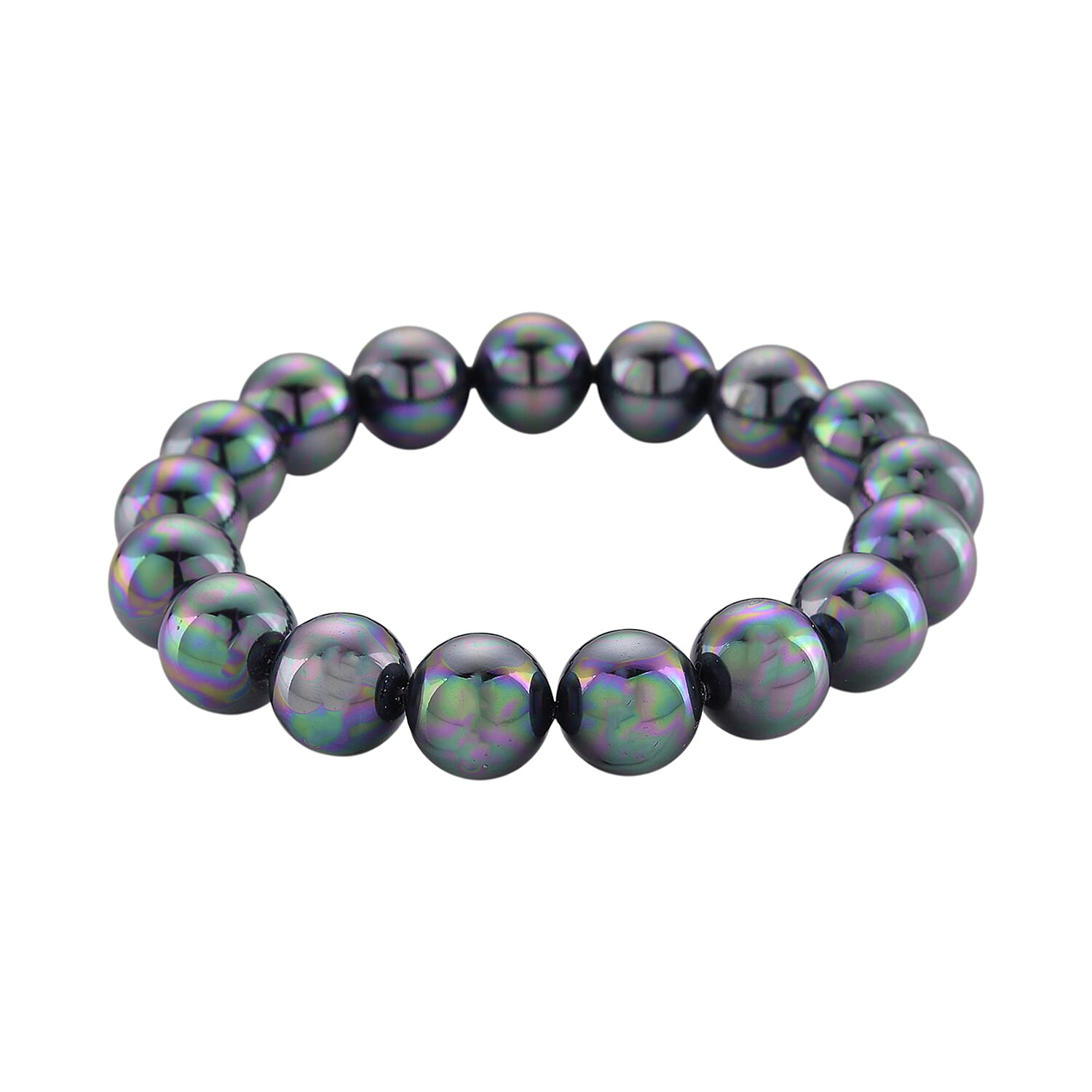 Set of 3 - Peacock Color Shell Pearl Stretchable Bracelet (Size - 7), Push Back Earring & T-Bar Clasp Necklace (Size - 20)