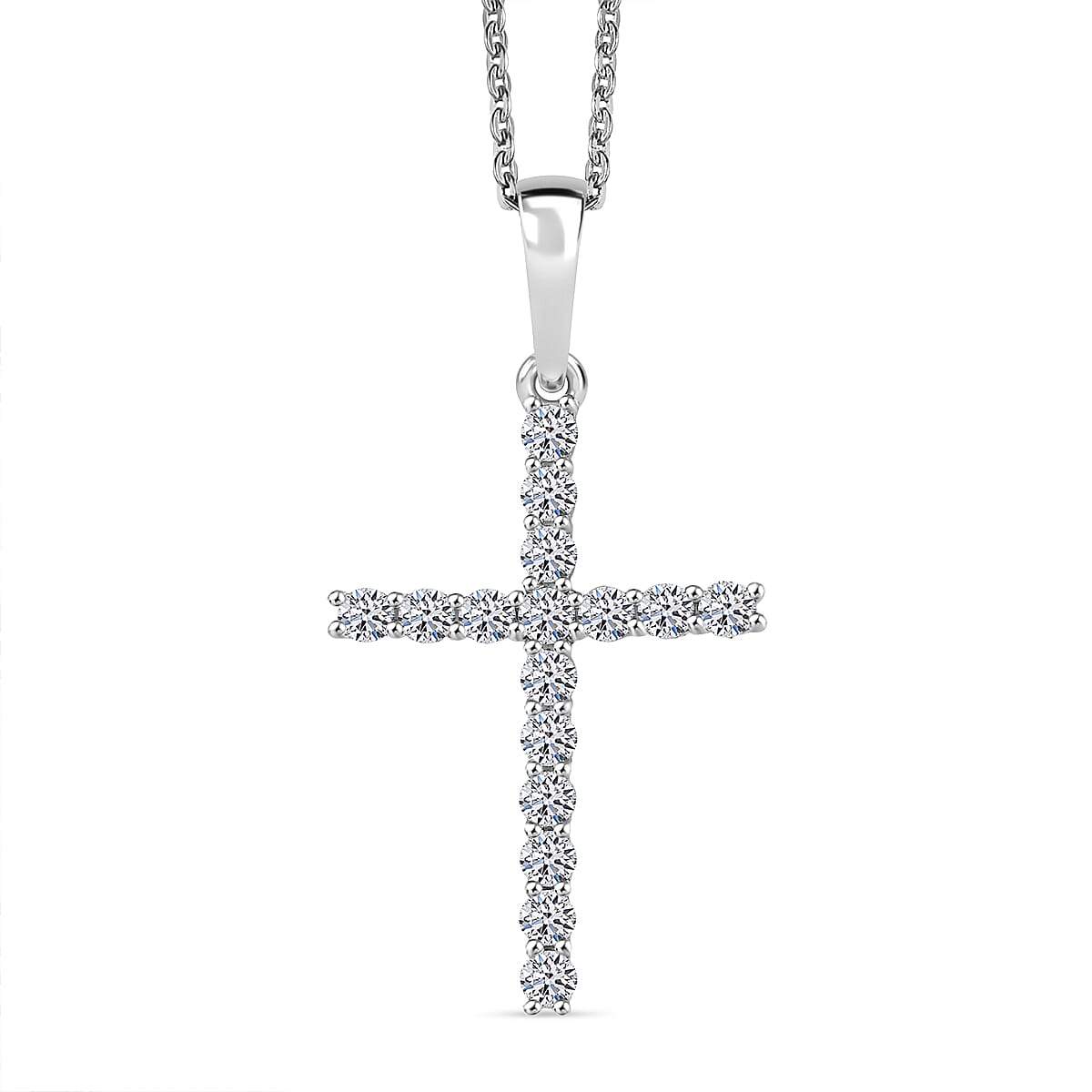 Luxuriant Lab Grown Diamond (SI-GH) Cross Pendant with Chain (Size 20) in Rhodium Overlay Sterling Silver 0.24 Ct.