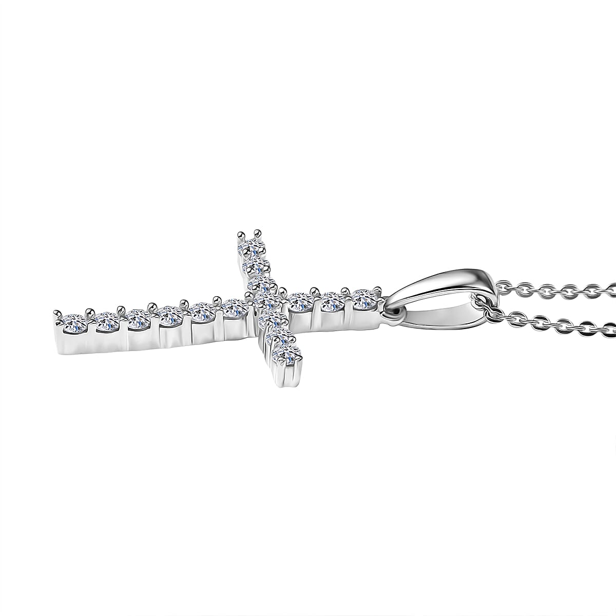Luxuriant Lab Grown Diamond (SI-GH) Cross Pendant with Chain (Size 20) in Rhodium Overlay Sterling Silver 0.24 Ct.