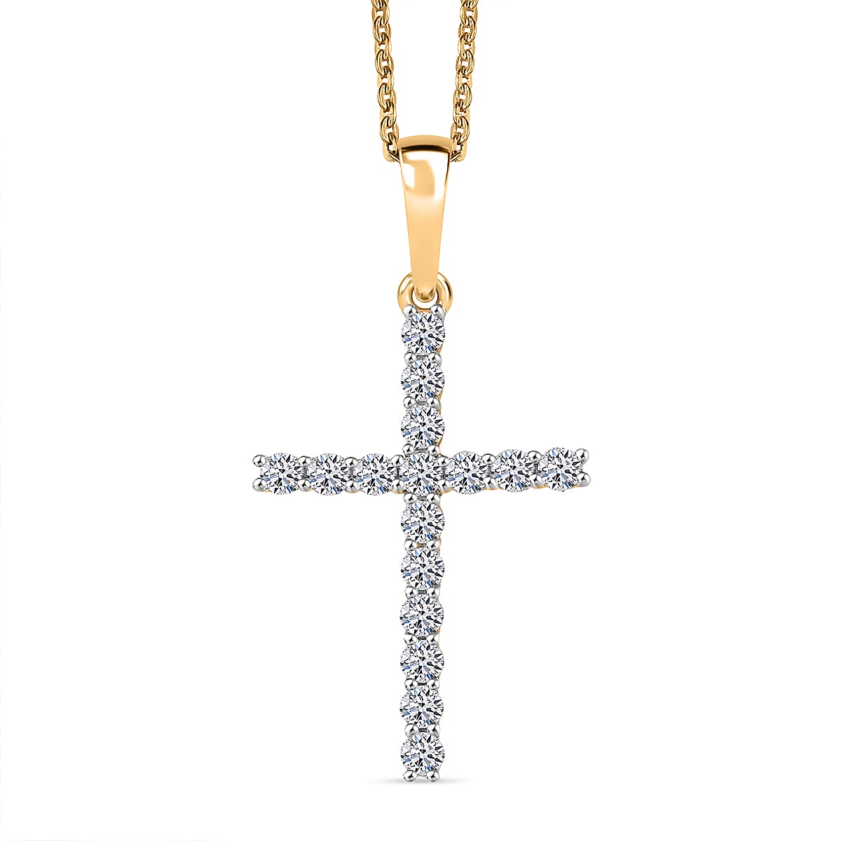 Luxuriant Lab Grown Diamond (SI-GH) Cross Pendant with Chain (Size 20) in 18K Vermeil Yellow Gold Plated Sterling Silver 0.24 Ct.