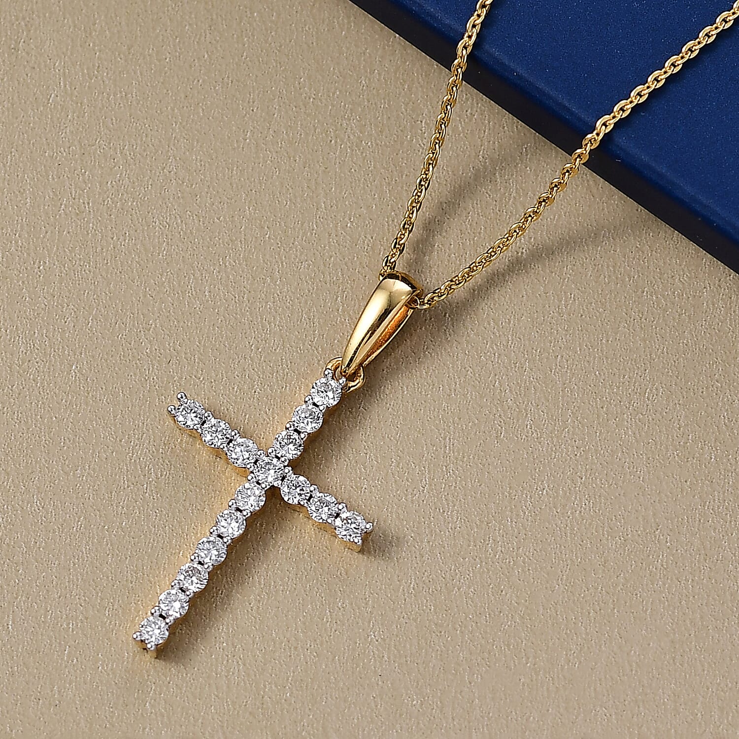 Luxuriant Lab Grown Diamond (SI-GH) Cross Pendant with Chain (Size 20) in 18K Vermeil Yellow Gold Plated Sterling Silver 0.24 Ct.