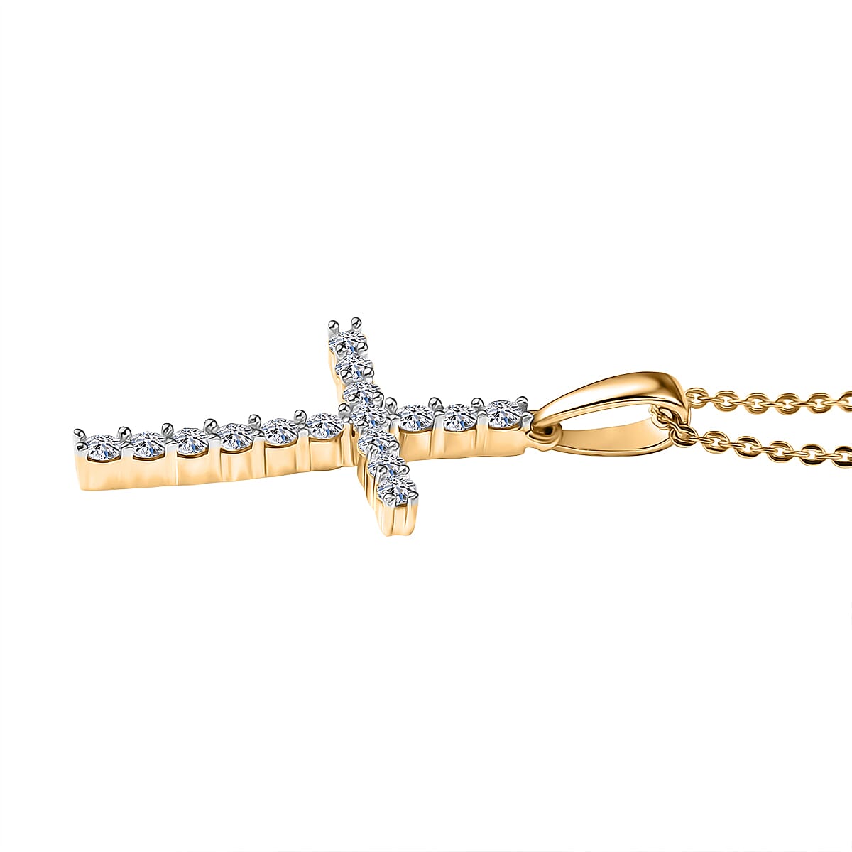 Luxuriant Lab Grown Diamond (SI-GH) Cross Pendant with Chain (Size 20) in 18K Vermeil Yellow Gold Plated Sterling Silver 0.24 Ct.