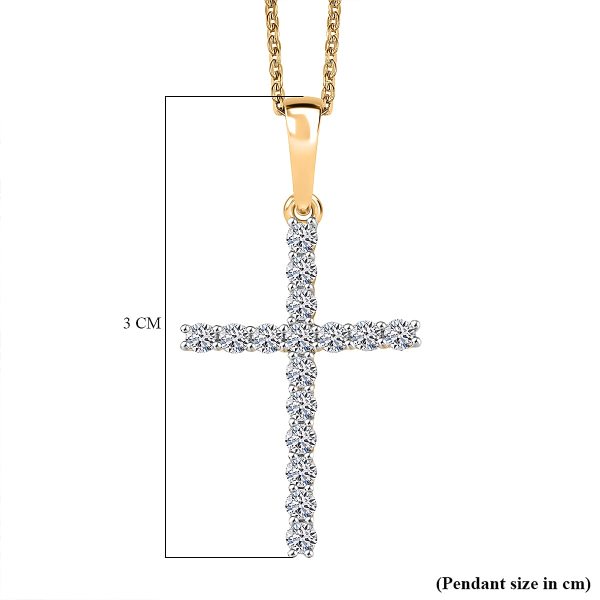 Luxuriant Lab Grown Diamond (SI-GH) Cross Pendant with Chain (Size 20) in 18K Vermeil Yellow Gold Plated Sterling Silver 0.24 Ct.
