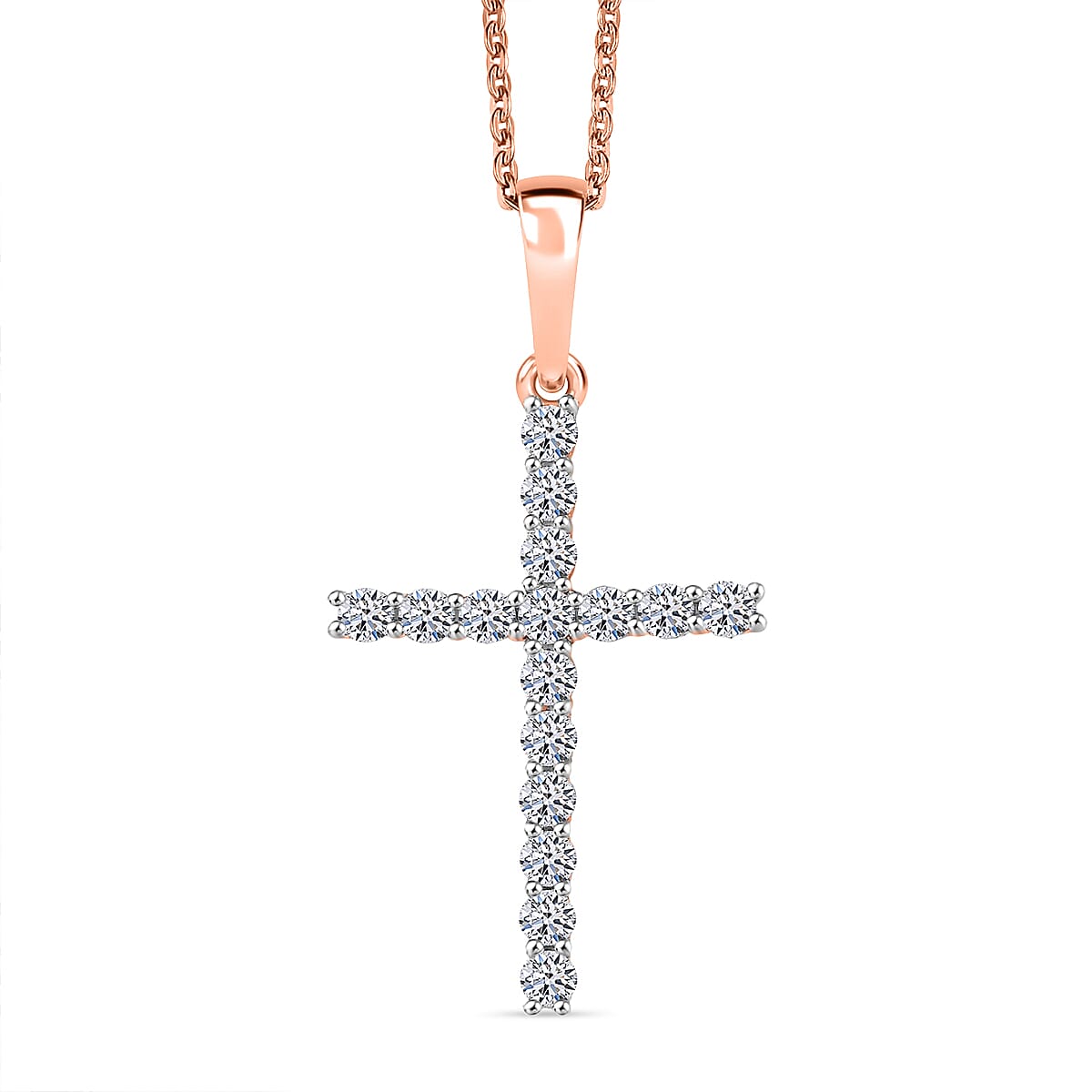 Luxuriant Lab Grown Diamond (SI-GH) Cross Pendant with Chain (Size 20) in 18K Vermeil Rose Gold Plated Sterling Silver 0.24 Ct.