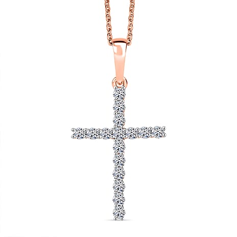 Luxuriant Lab Grown Diamond (SI-GH) Cross Pendant with Chain (Size 20) in 18K Vermeil Rose Gold Plated Sterling Silver 0.24 Ct.