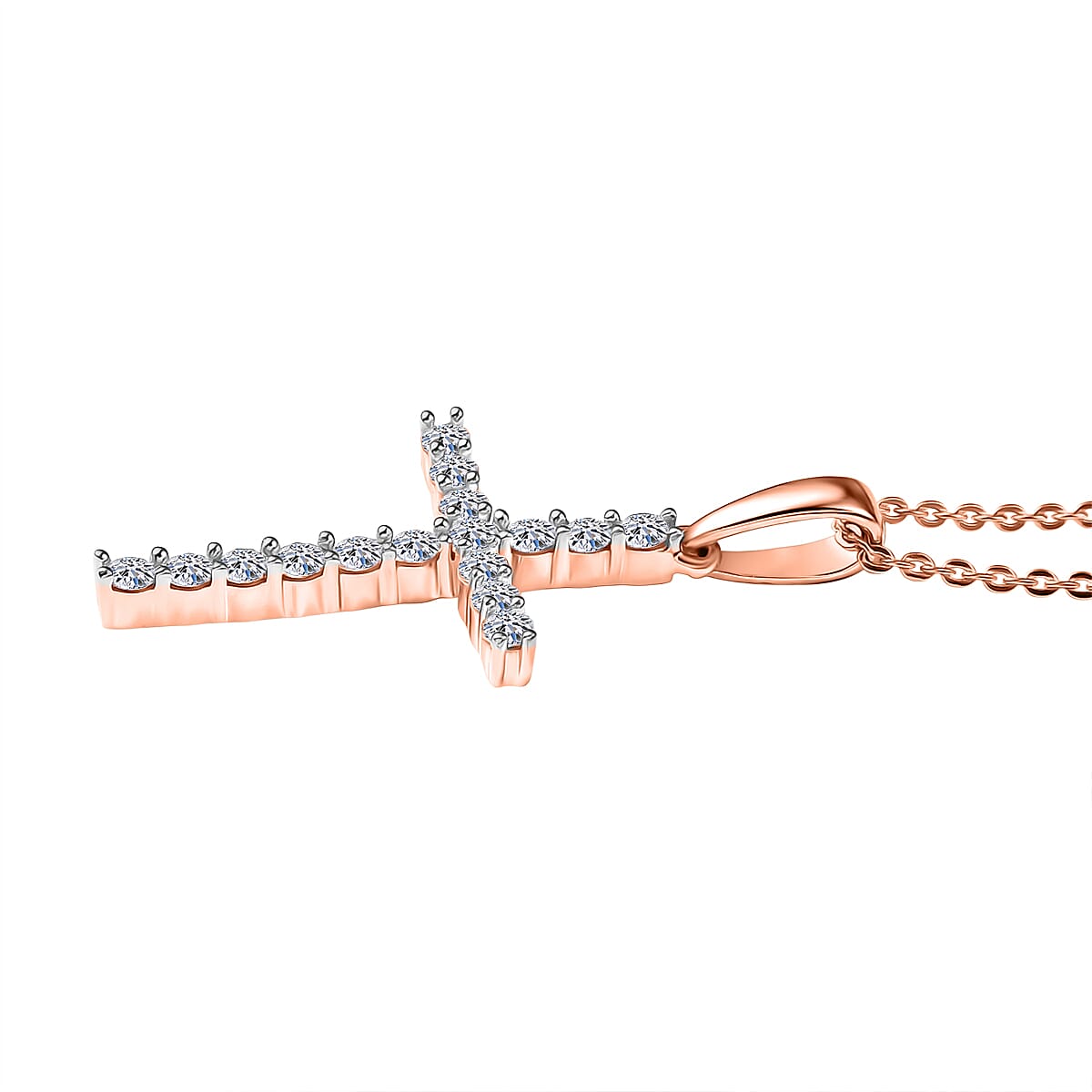 Luxuriant Lab Grown Diamond (SI-GH) Cross Pendant with Chain (Size 20) in 18K Vermeil Rose Gold Plated Sterling Silver 0.24 Ct.