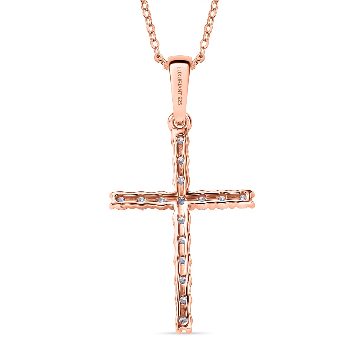Luxuriant Lab Grown Diamond (SI-GH) Cross Pendant with Chain (Size 20) in 18K Vermeil Rose Gold Plated Sterling Silver 0.24 Ct.