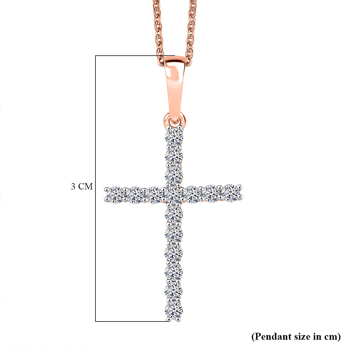 Luxuriant Lab Grown Diamond (SI-GH) Cross Pendant with Chain (Size 20) in 18K Vermeil Rose Gold Plated Sterling Silver 0.24 Ct.