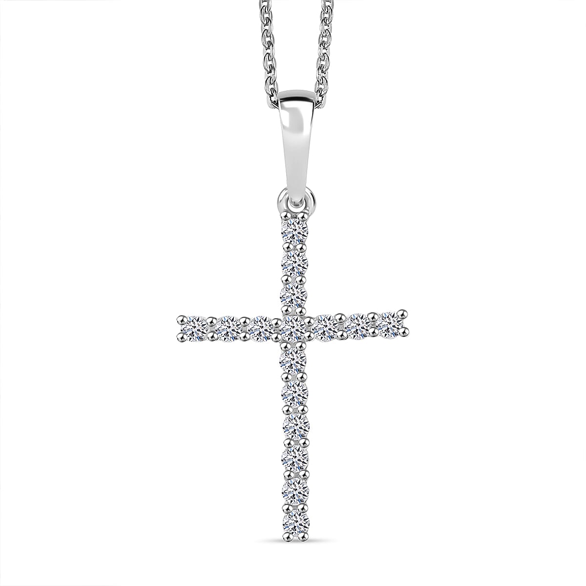 Luxuriant Lab Grown Diamond (SI-GH) Cross Pendant with Chain (Size 20) in Rhodium Overlay Sterling Silver 0.50 Ct.