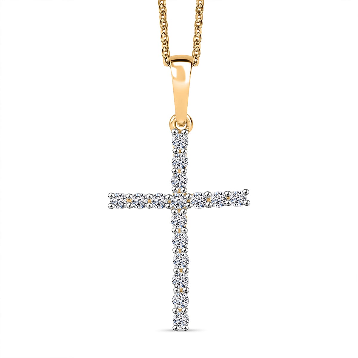 Luxuriant Lab Grown Diamond (SI-GH) Cross Pendant with Chain (Size 20) in 18K Vermeil Yellow Gold Plated Sterling Silver 0.50 Ct.